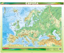 Європа.Фізична карта М 1:12 000 000  (картон,ламінована, на планках)  (62*92)